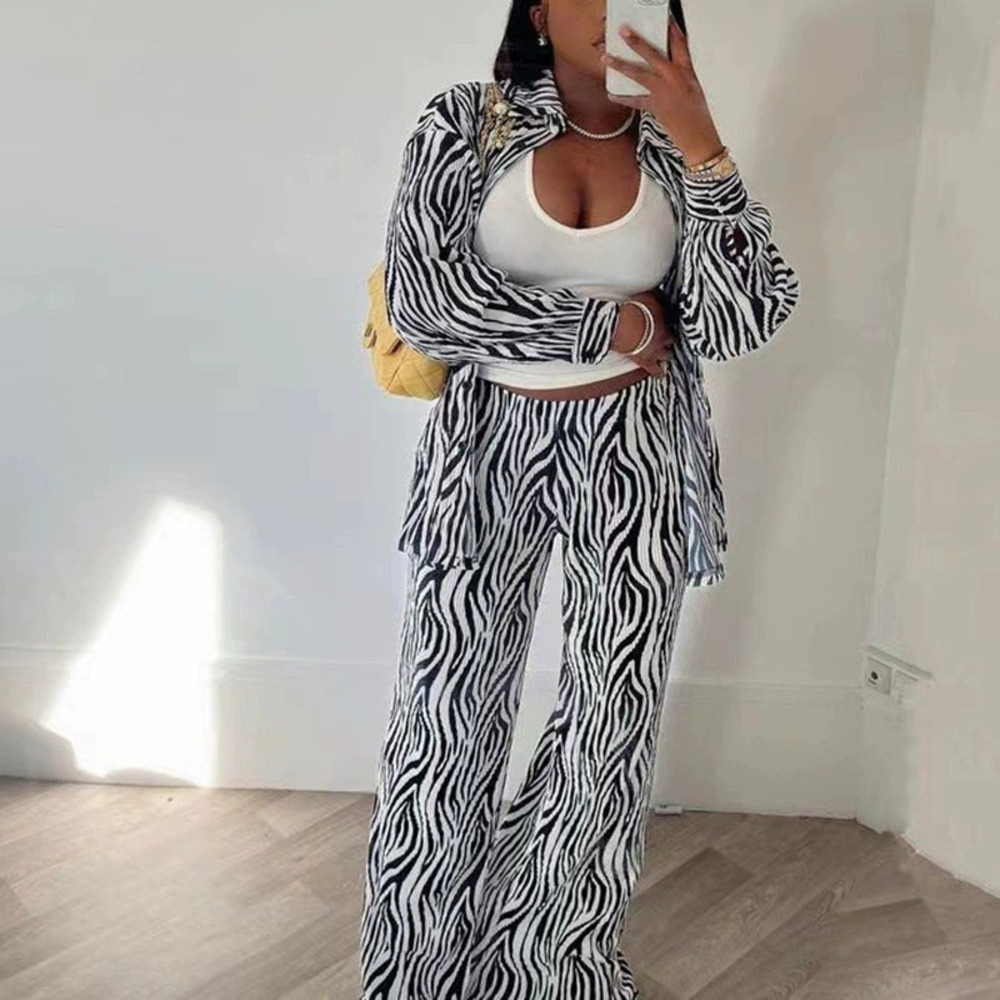 Zara Fall Casual Pleated Zebra Print Long Sleeve Shirt and Wide Leg Pants Set